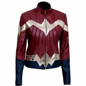 Super Hero Wonder Girl Gal Gadot Maroon Black Faux Leather Jacket Women Takitop
